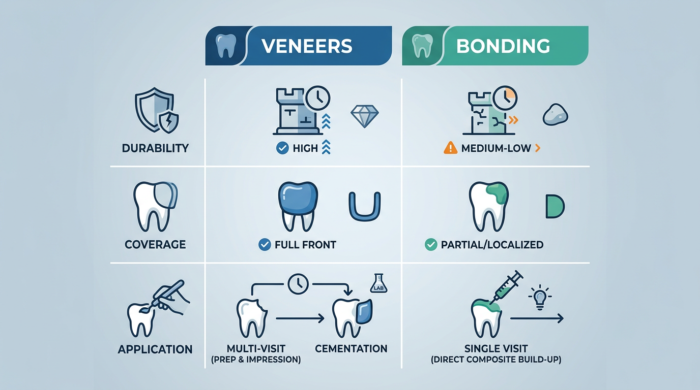 Minimal-text table-style comparison visual contrasting "Veneers" and "Bonding" on parameters like "Durability," "Coverage," and "Application," using simple icons.