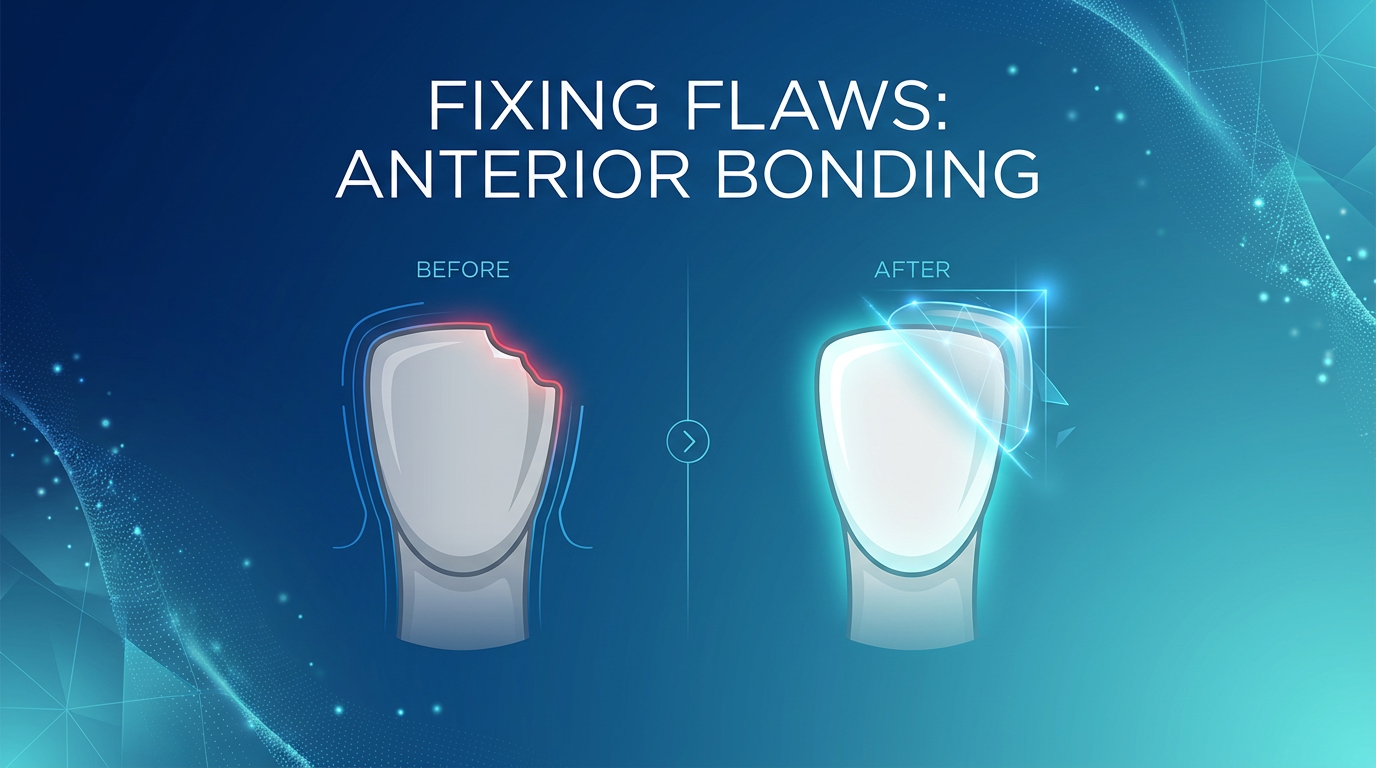 One-phrase callout visual: "Fixing Flaws: Anterior Bonding" with a sleek graphic illustration of a tooth before and after a small chip repair.