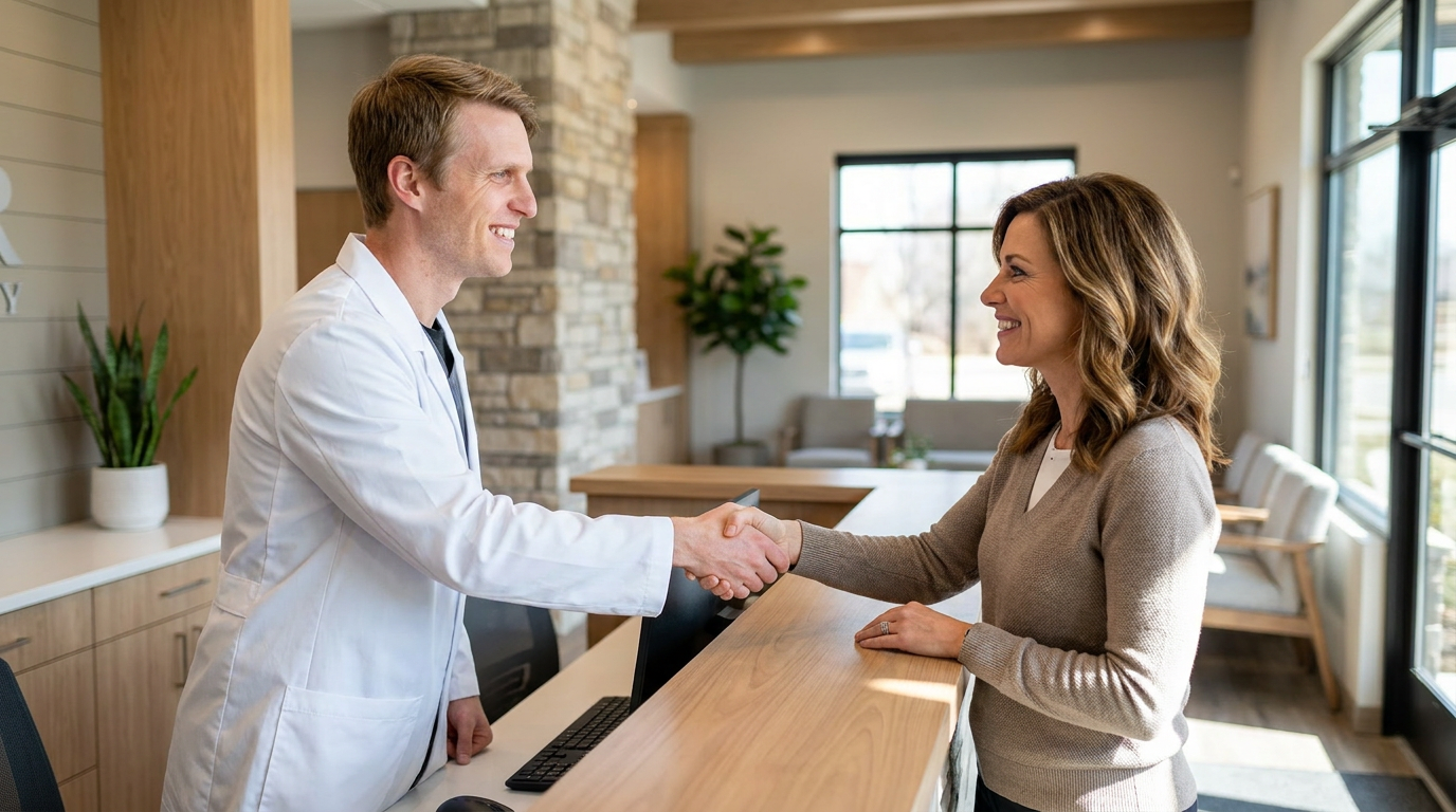 Lily, smiles warmly and shakes hands with Dr. Andrew Gasior (a man in his 40s wearing a lab coat) at the reception desk of a modern dental office.