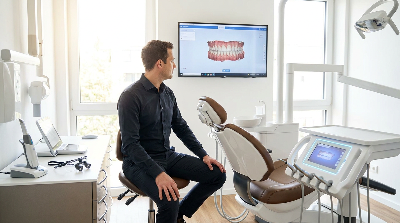 A modern dental treatment room with a comfortable patient chair, large digital display screen, and high-tech dental equipment neatly arranged.
