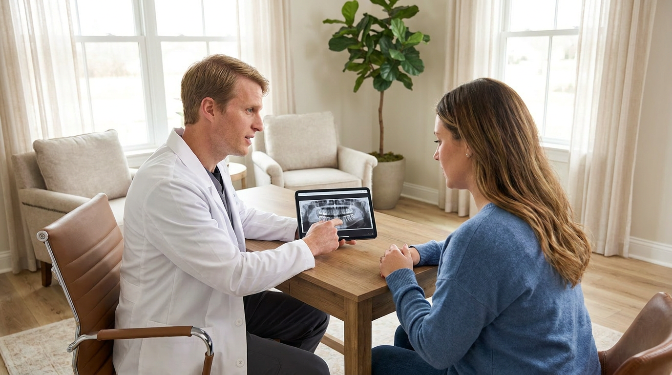 Dr. Andrew Gasior, a man in his 40s wearing a white lab coat, consults with a female patient, in a bright, inviting consultation room.