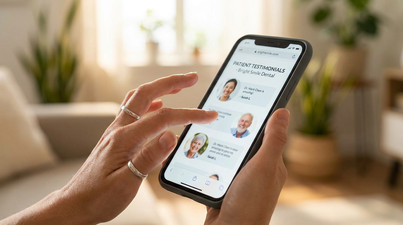 A woman's hand, holding a smartphone, scrolls through a website showing "Patient Testimonials" for a dental practice, with blurred smiling faces in the background.