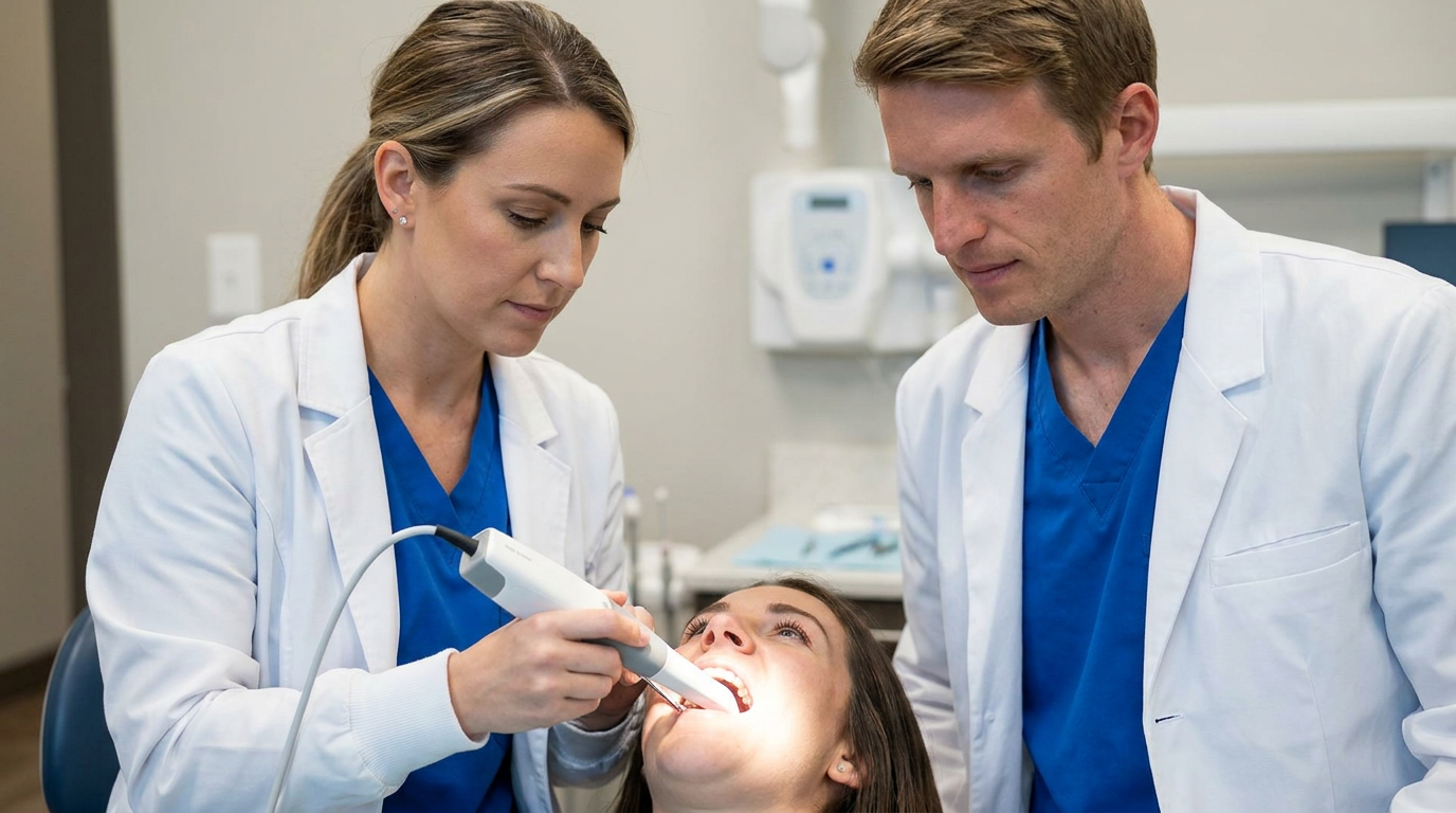 A clear close-up of a patient's mouth being scanned by a modern intraoral scanner, bright light on the equipment.