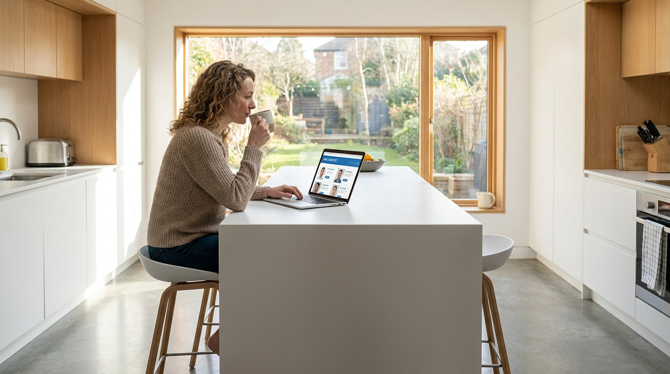 Lily, sits at a clean, modern kitchen island, laptop open, scrolling through a list of dentists on the screen.