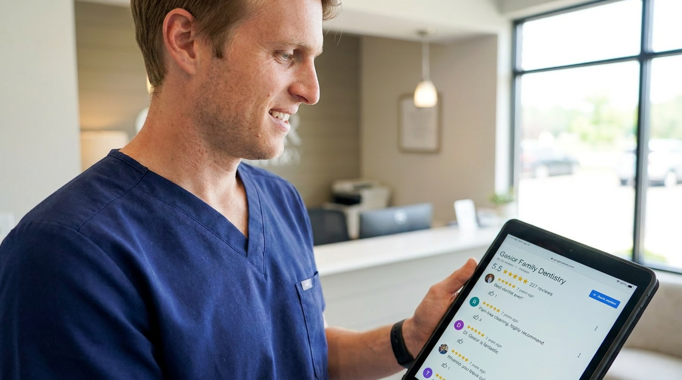 Close up of a digital tablet displaying online patient reviews for Gasior Family Dentistry, with positive star ratings and snippets of text visible on the screen.