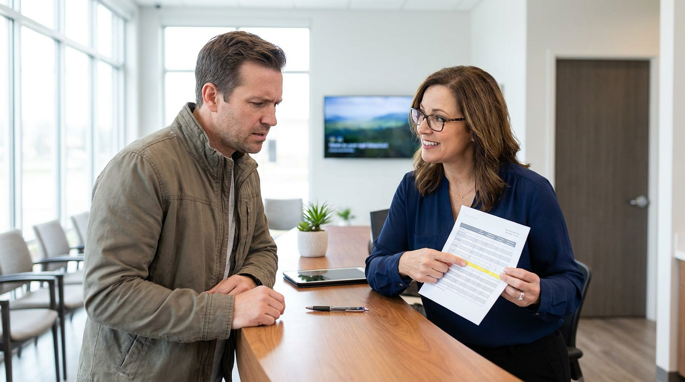 A man in a green jacket leans on a wooden counter and looks at a woman in a blue shirt and glasses who is pointing to a document.