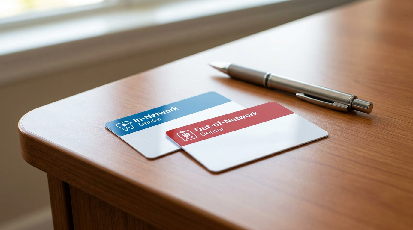 Two dental insurance cards, one blue and one red, lie on a wooden desk next to a silver pen.