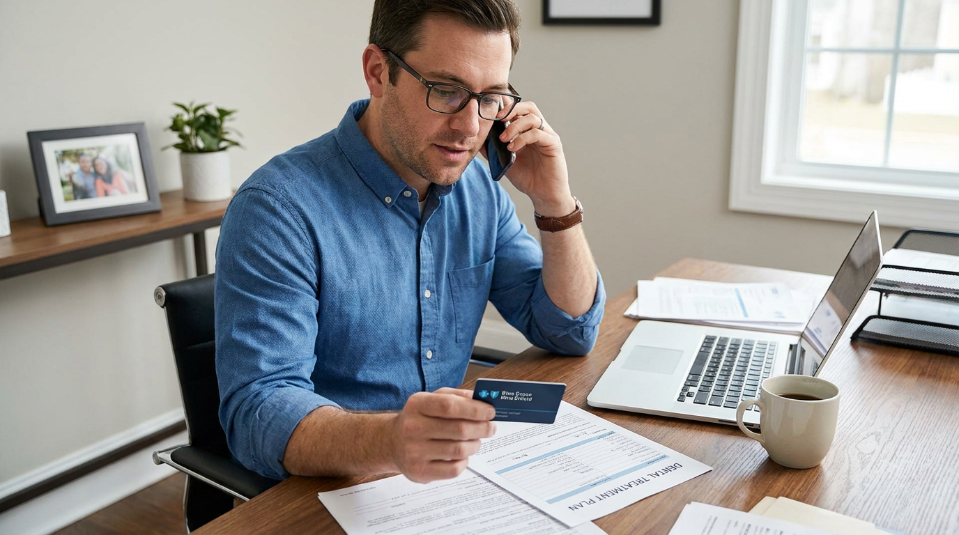 Mason sits at a desk with a laptop, papers, and a coffee cup, talking on a cell phone while holding a Blue Cross Blue Shield dental card.