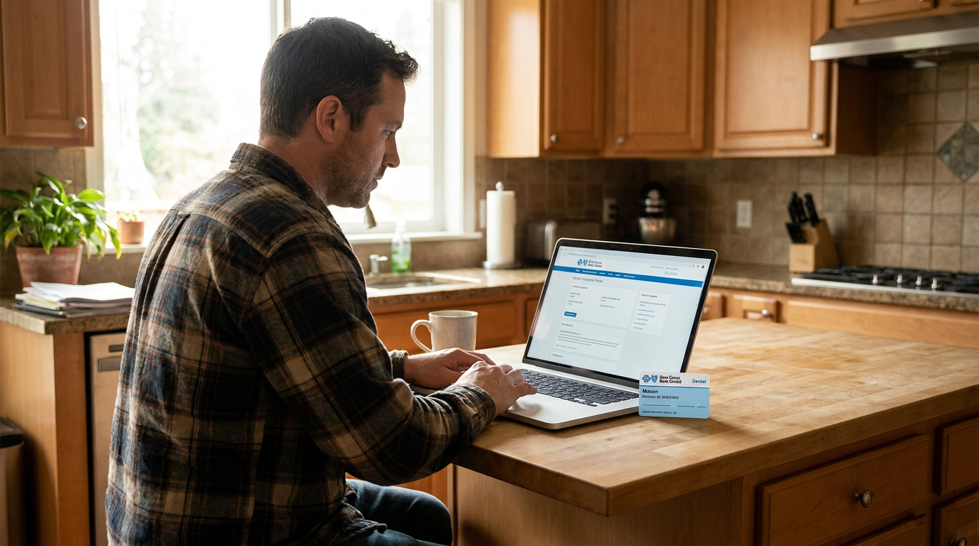 Mason sits at a kitchen island, wearing a plaid shirt and typing on a laptop with a white mug and a dental insurance card next to it.