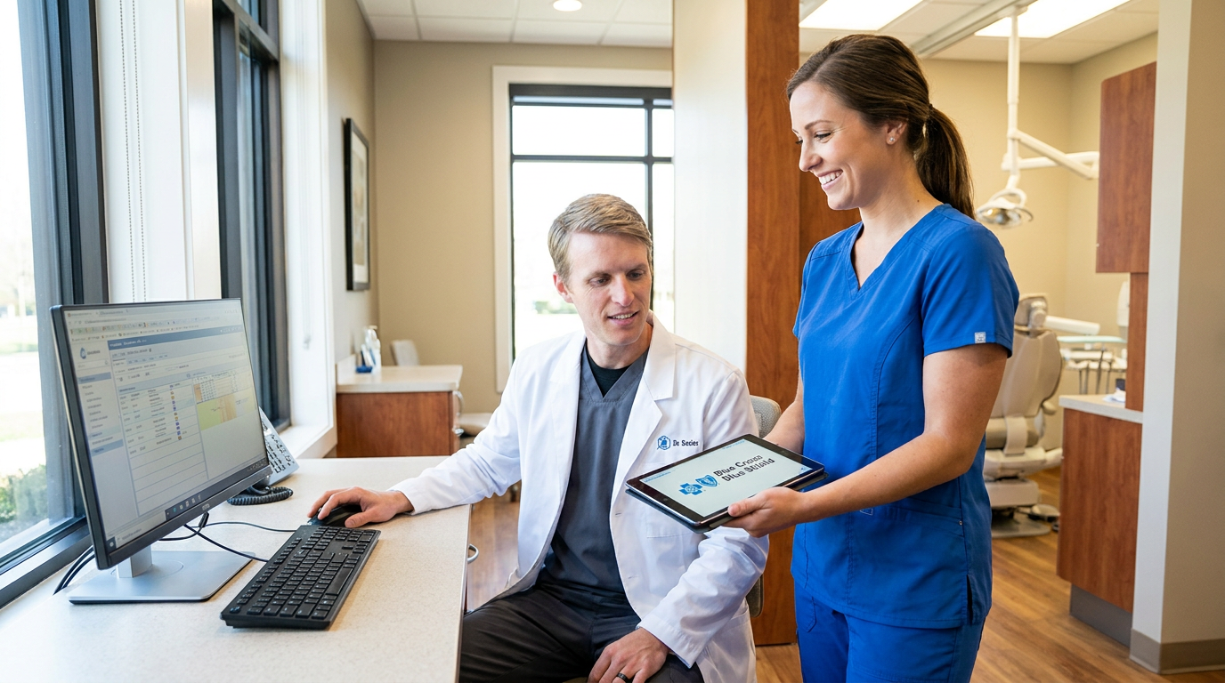 A man in a white lab coat sits at a desk with a computer, looking at a tablet held by a smiling woman in blue scrubs.