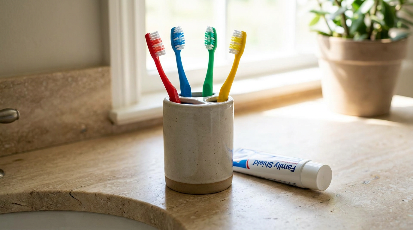 Four colorful toothbrushes stand in a holder on a bathroom counter next to a tube of toothpaste, with a plant and window in the background.