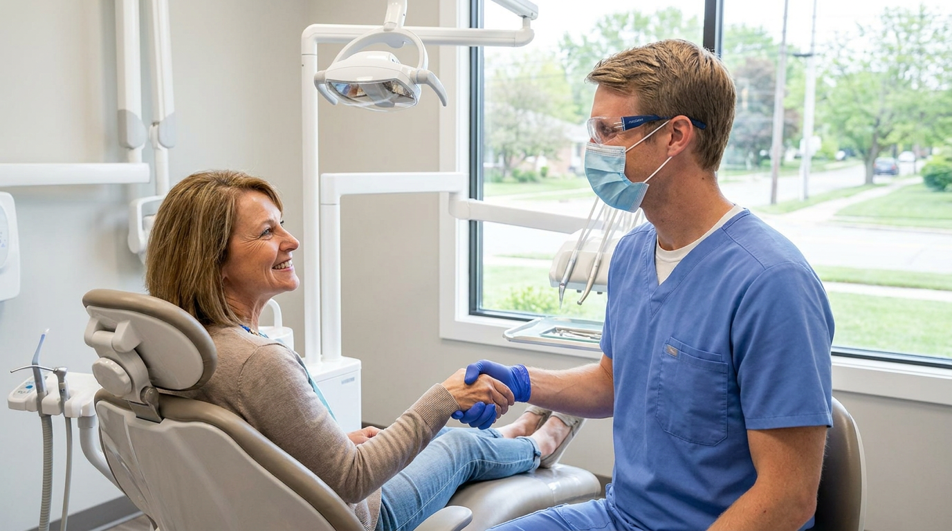 Dr. Andrew Gasior, wearing a blue scrub top, a face mask, and safety glasses, shakes hands with a smiling patient in a dental chair.