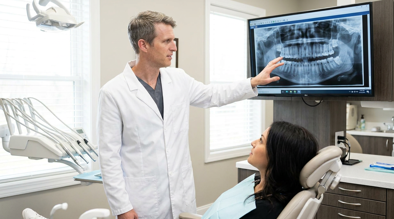 Dr. Andrew Gasior, wearing a white lab coat, stands next to a dental chair with a patient, a woman with dark hair, and points to an X-ray on a wall-mounted monitor in a dental office.