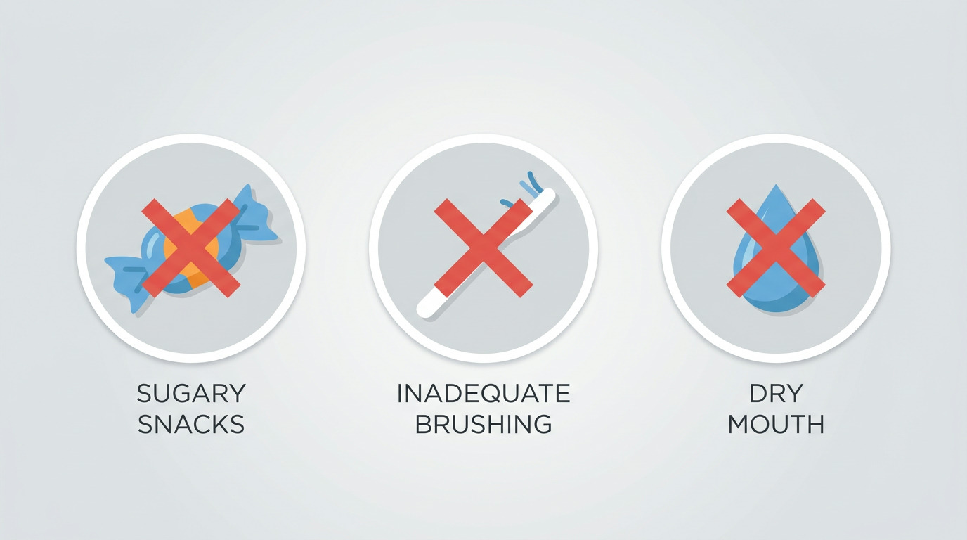 Three gray circles with white borders display icons with red "X" marks over them: a blue candy wrapper labeled "SUGARY SNACKS," a toothbrush labeled "INADEQUATE BRUSHING," and a blue water droplet labeled "DRY MOUTH.