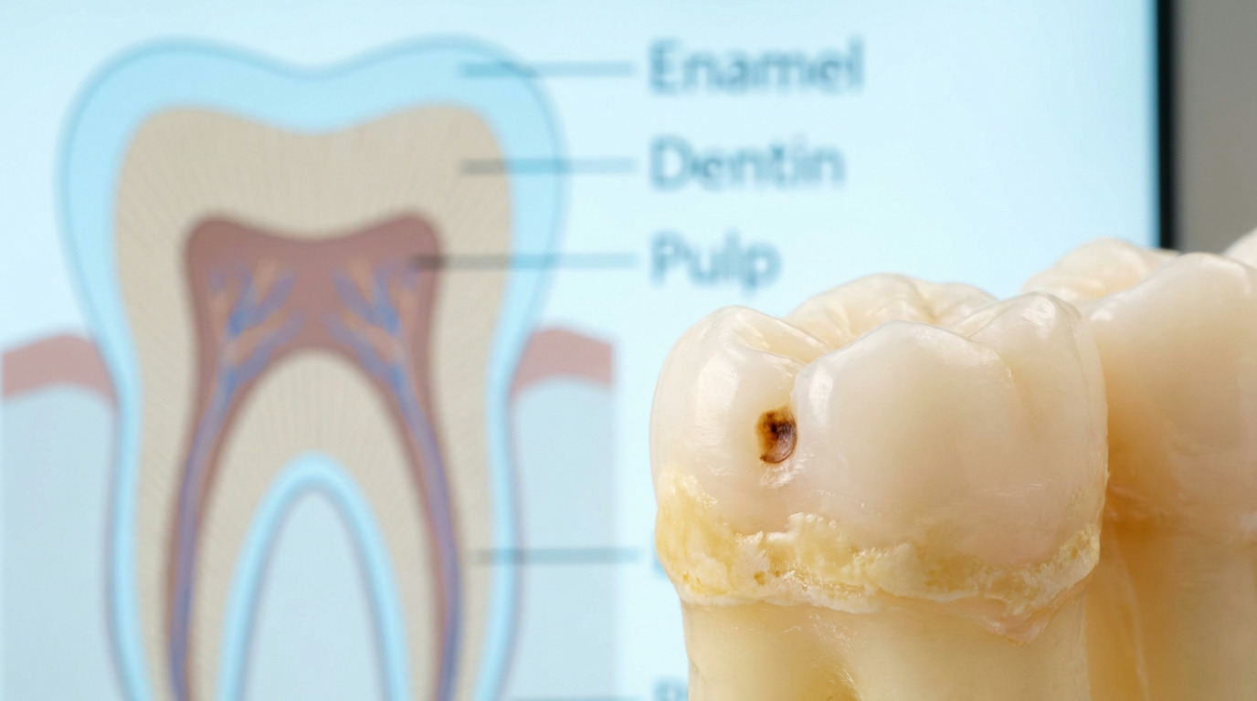 A macro shot shows a tooth with a dark spot of decay and plaque buildup at the gumline, with a blurred anatomical diagram of tooth layers labeled Enamel, Dentin, and Pulp in the background.
