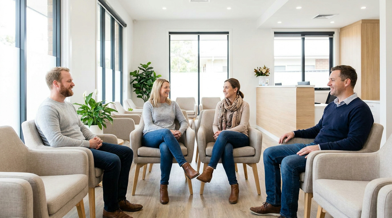 Four adults, two men and two women, sit in light gray armchairs in a modern, brightly lit waiting room, smiling and conversing, with a reception desk and plants in the background.