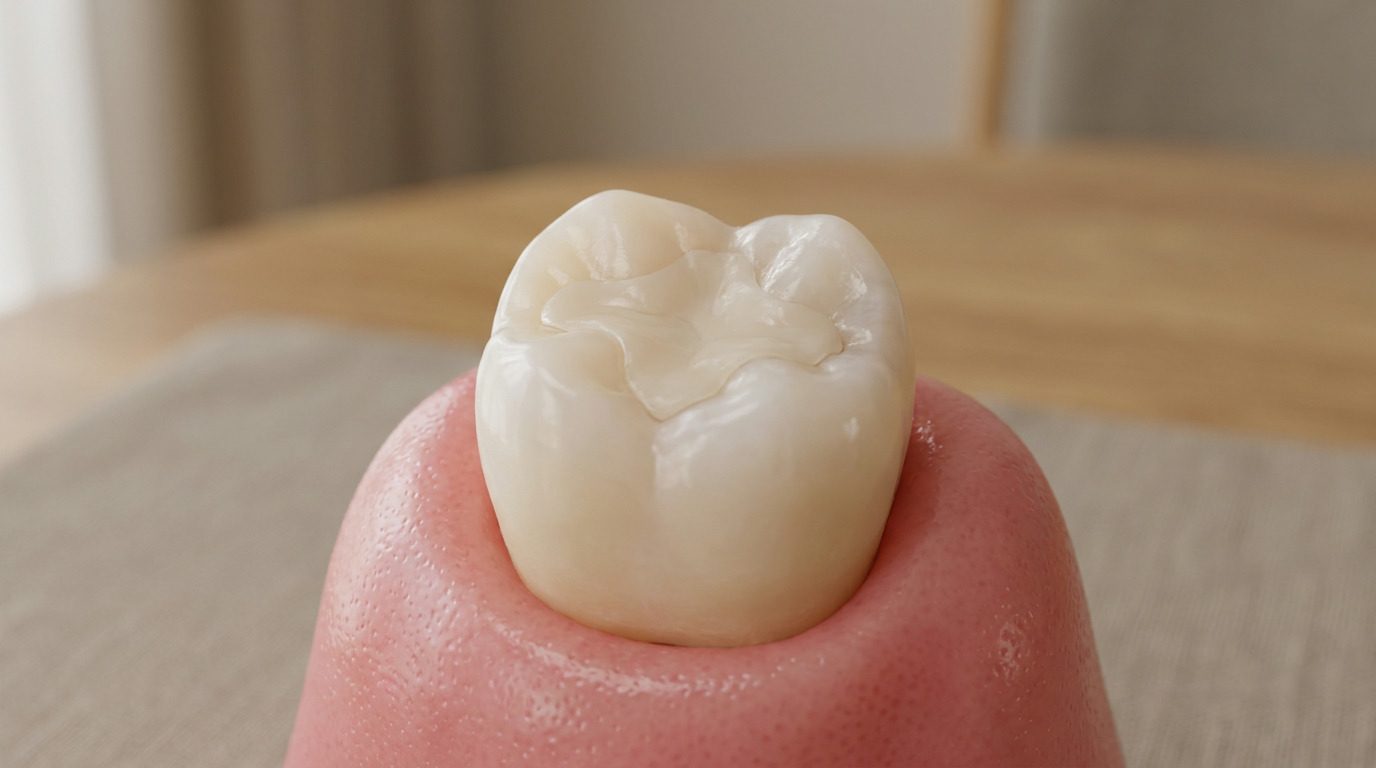 A close-up shows a single molar with a tooth-colored composite filling, set into a pink, gum-like base, against a blurred light brown and beige background.