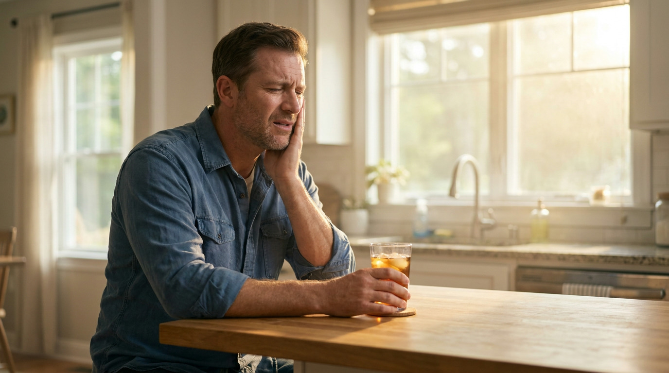 Dylan sits at a kitchen island, holding a glass of iced tea, with one hand pressed against his cheek and a pained expression, as soft morning light streams through a window behind him.