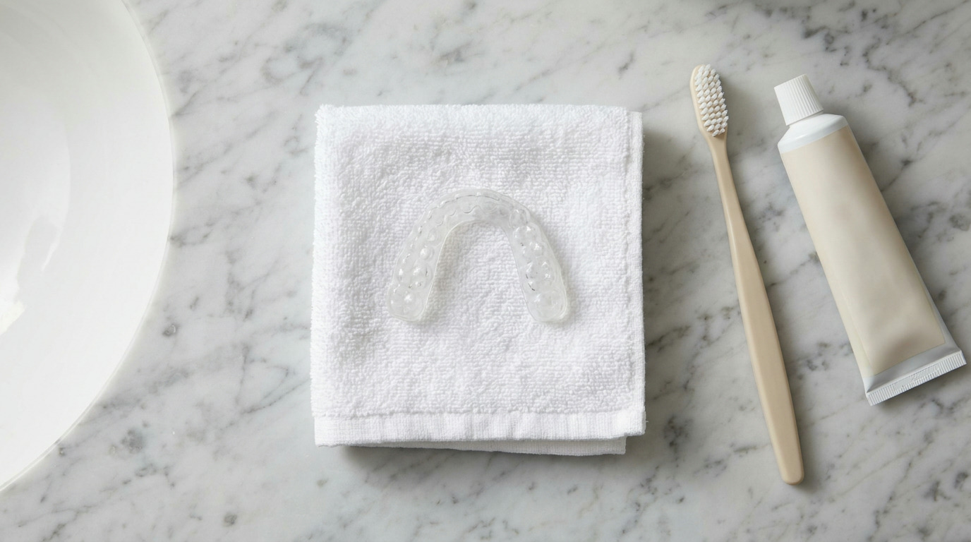 A clear bite splint rests on a white towel on a marble counter, next to a beige toothbrush and a tube of toothpaste, with part of a white sink visible.