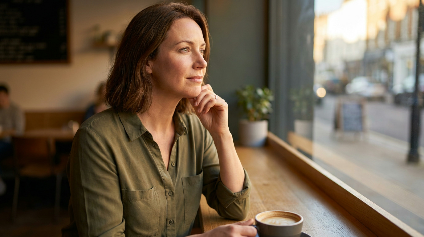 Ava sits at a cafe window seat, wearing an olive button-down shirt, looking out the window with her hand on her chin, a cup of coffee on the wooden counter beside her.