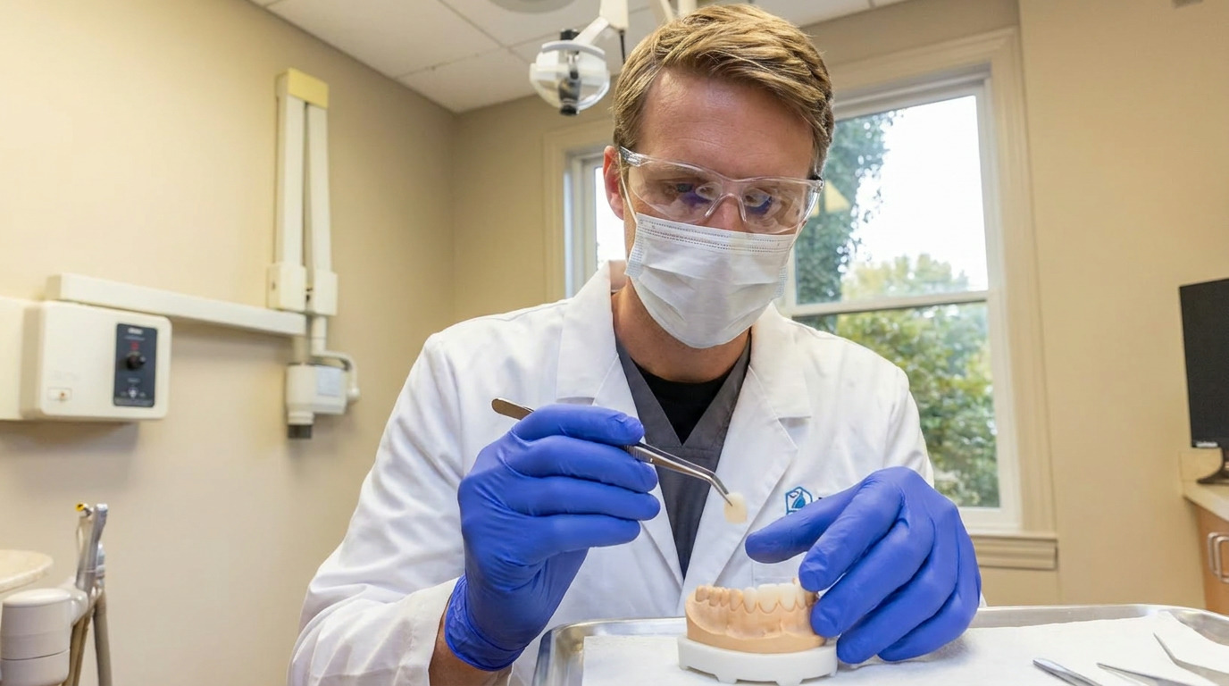 Dr. Andrew Gasior, wearing a white lab coat, blue gloves, safety glasses, and a mask, uses tweezers to hold a small white object over a dental model in a dental operatory.