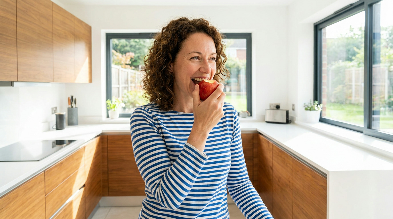 Lily, with curly brown hair, smiles while biting into a red apple in a modern, sunlit kitchen, wearing a blue and white striped long-sleeve shirt.