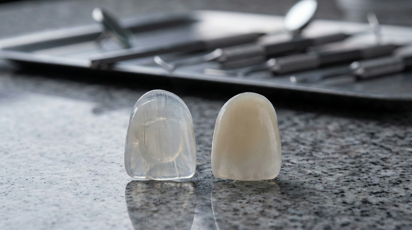 Two dental veneers, one translucent and one opaque, sit on a speckled gray surface with blurred dental tools on a tray in the background.
