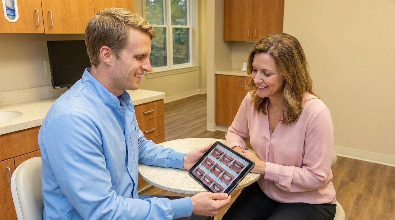 A man in a light blue clinical jacket and a woman in a pink blouse sit at a table, both smiling while looking at a tablet displaying multiple examples of teeth.