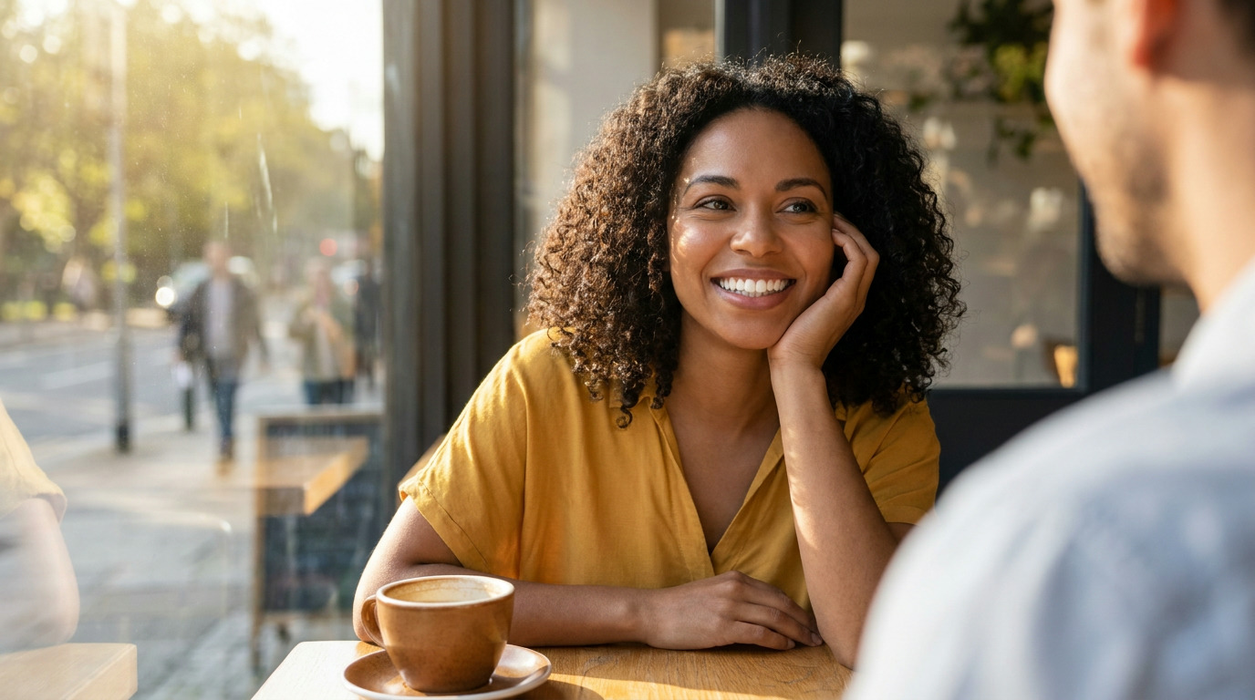 Vanessa, with curly hair and a yellow top, smiles while looking at a person across a cafe table with a coffee cup, sunlight streaming through the window behind her.
