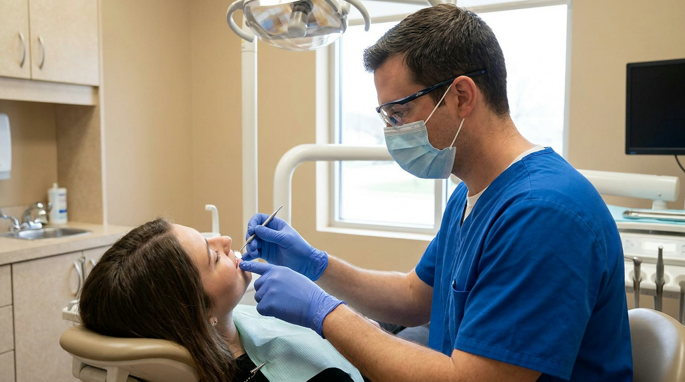 A dentist in blue scrubs, mask, and safety glasses examines a patient's mouth with a dental tool, while the patient reclines in a dental chair.