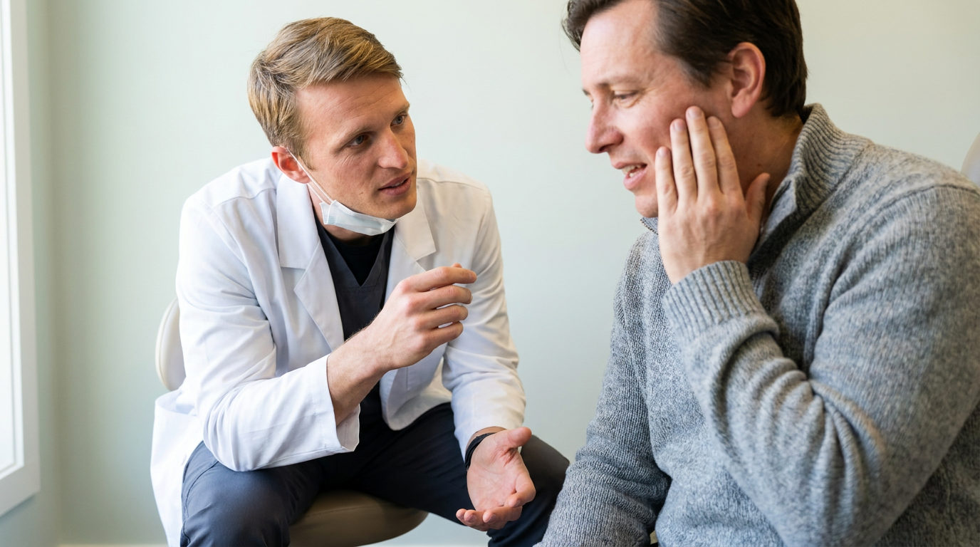 A Gasior Family Dental dentist in Ann Arbor listens to an emergency patient describing symptoms during a consultation.