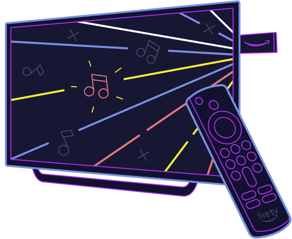 Illustration of a flat-screen TV with colorful lines and music notes on the screen and a Fire TV remote in front.