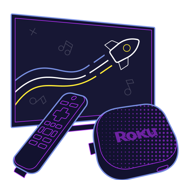 Illustration of a Roku streaming device, remote control, and a TV screen showing a rocket graphic with musical notes in the background.