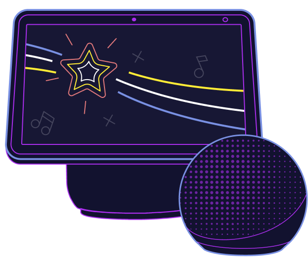 Illustration of a modern smart speaker with a touchscreen displaying a colorful star and music notes, accompanied by a spherical voice-controlled device.