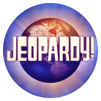 Jeopardy! logo with white text over a globe showing continents in orange and purple shades.