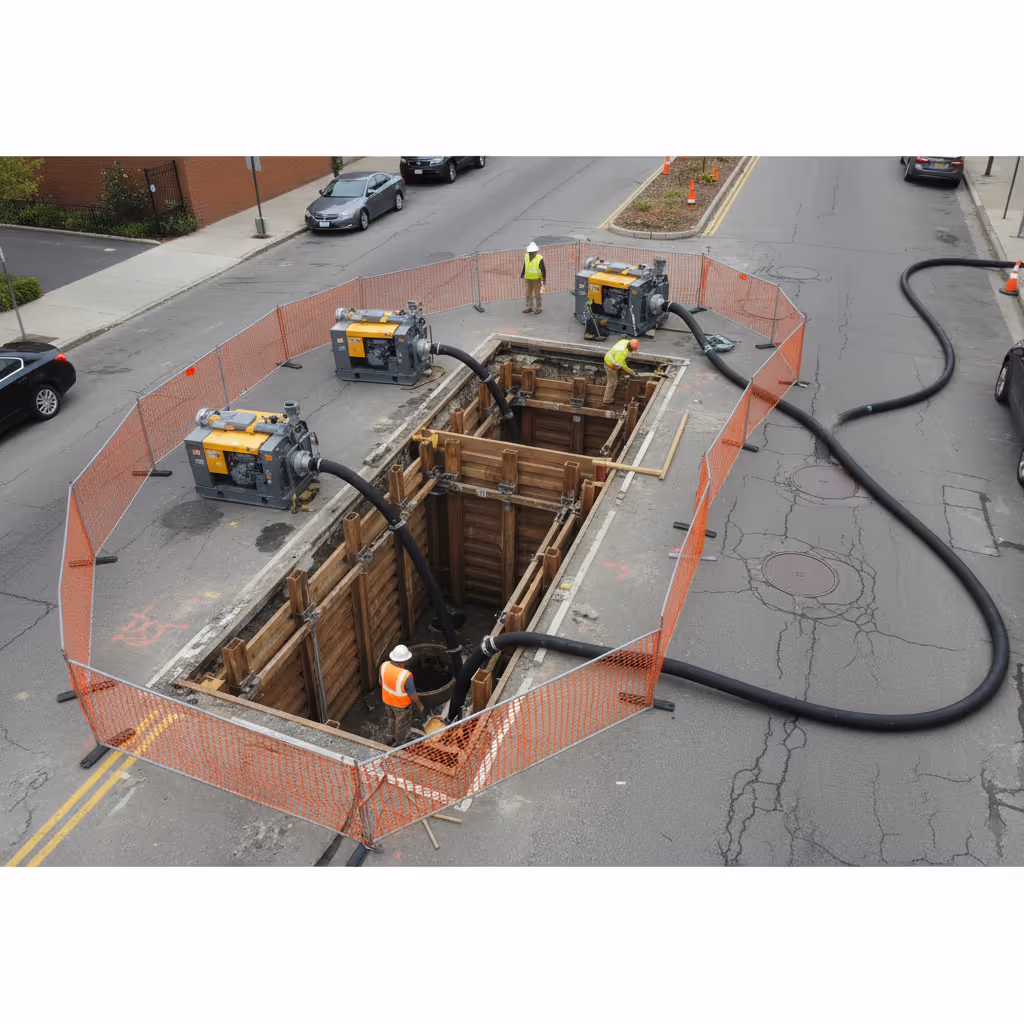Bypass pumping system with portable pumps and hoses routing flow around a street excavation