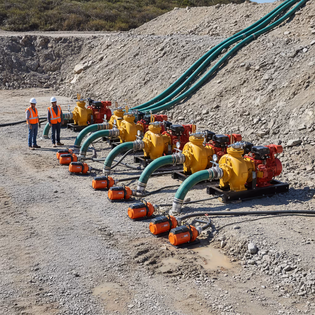Bypass pumping booster and dewatering pumps with discharge hoses along a sloped work area