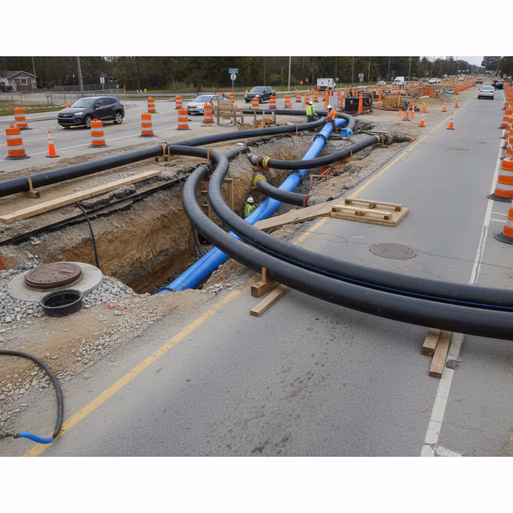 Bypass pumping hoses and pipe routing live sewer flow past a road excavation