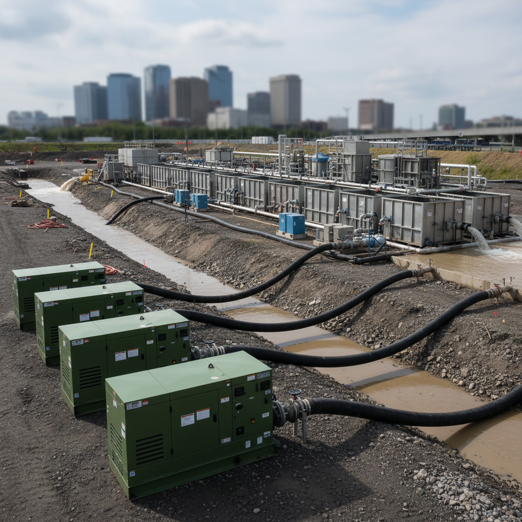 Dewatering and bypass pumping system with multiple pumps, hoses, frac tanks, and water treatment units on a construction project