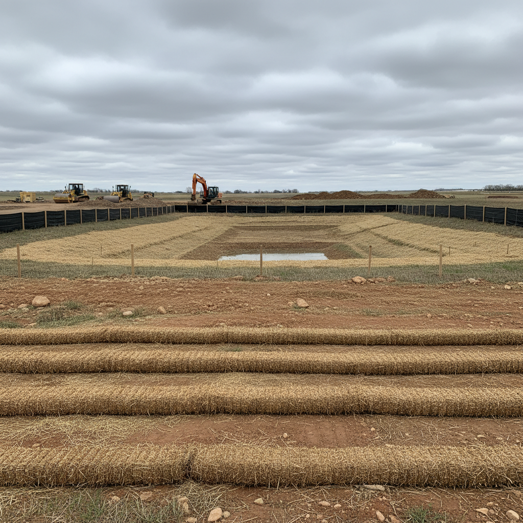 Construction site using silt fence, straw wattles, and grading to manage stormwater runoff