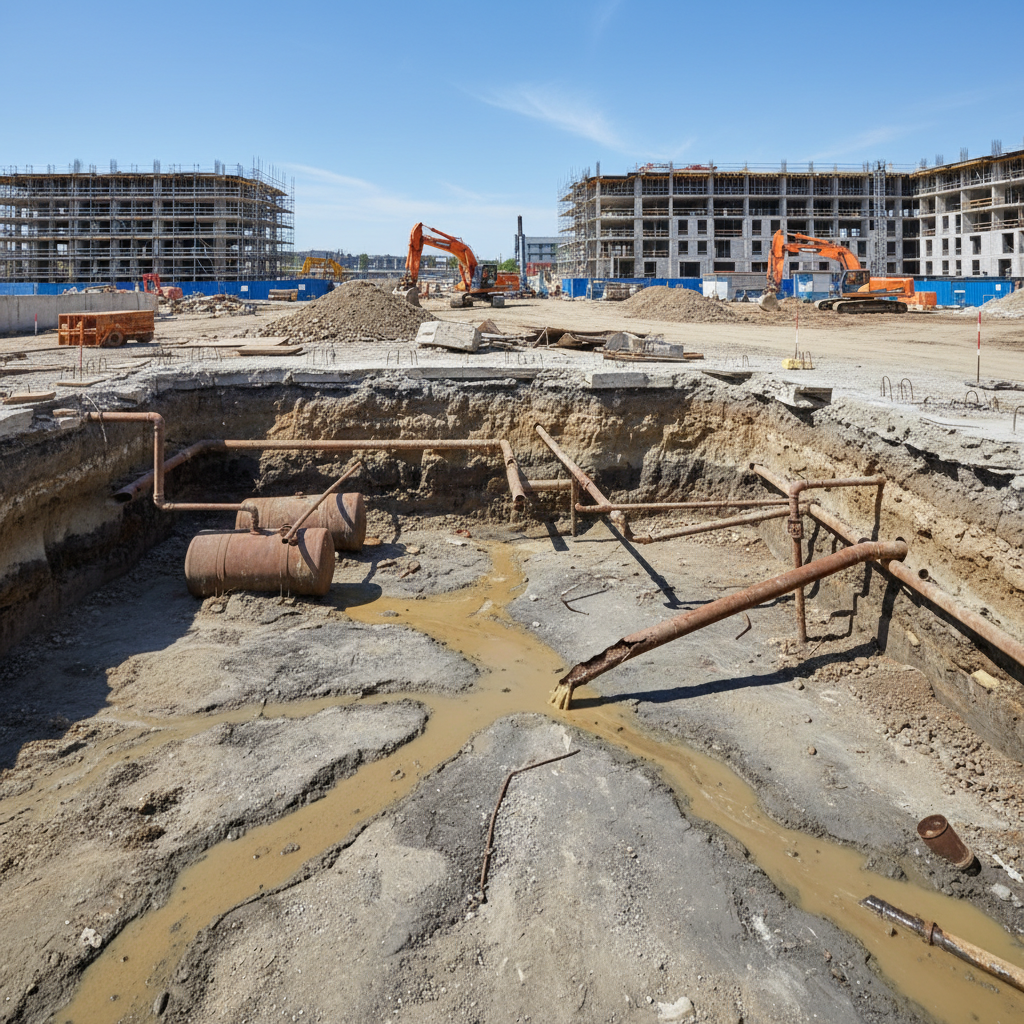 Conceptual view of buried tanks, pipelines and a discoloured groundwater plume beneath an urban construction area.