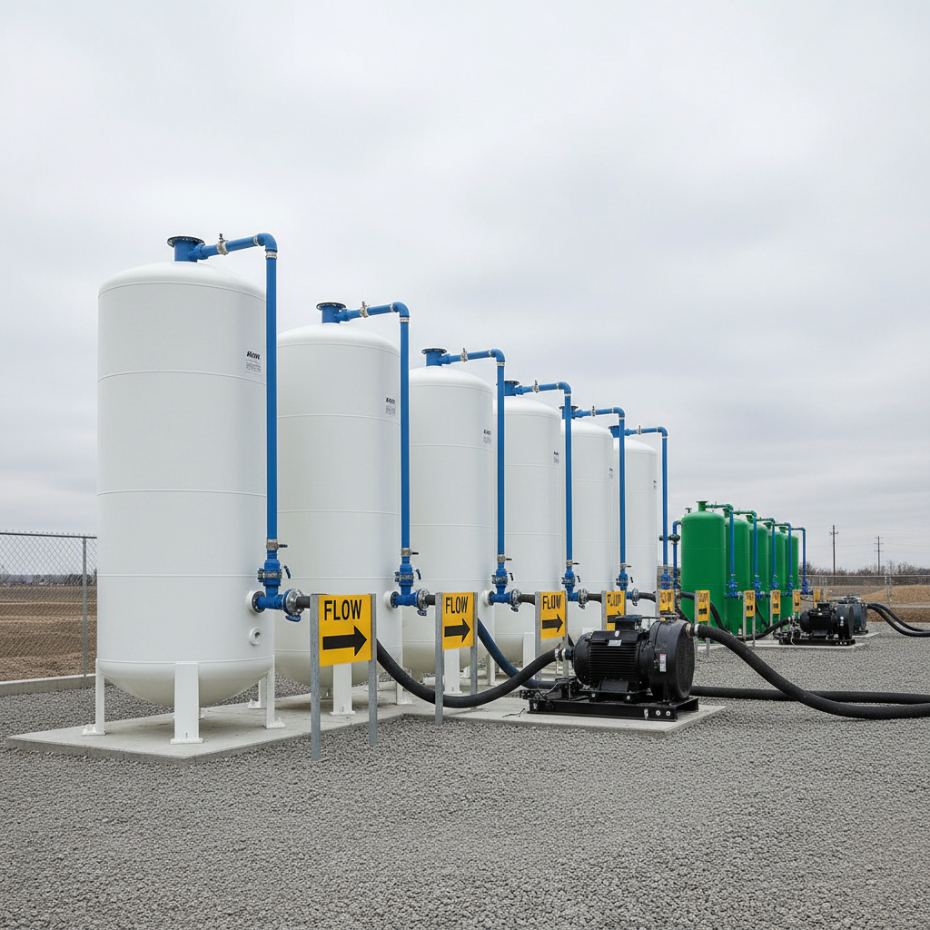 Outdoor ion exchange treatment train with connected pressure vessels and tanks for contaminated water