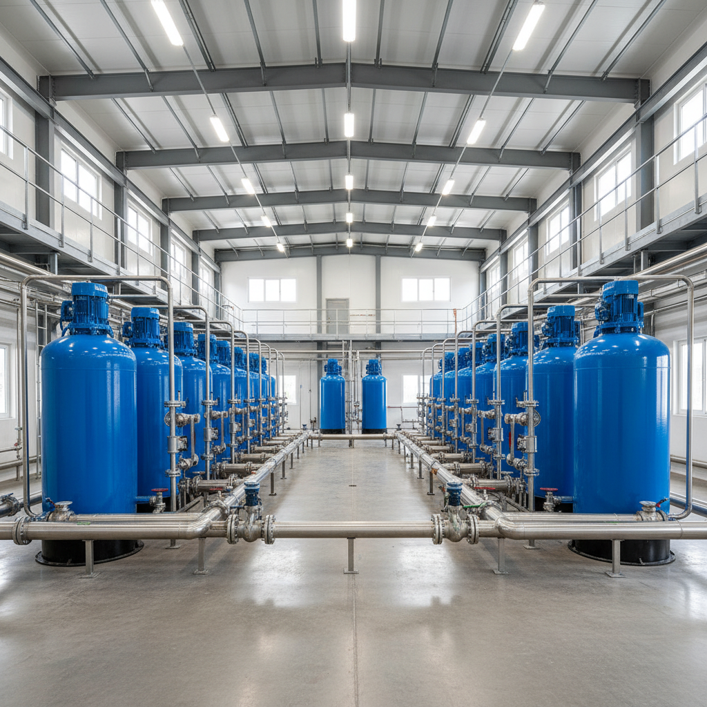 Row of industrial ion exchange water filter and softener vessels for treating contaminated water