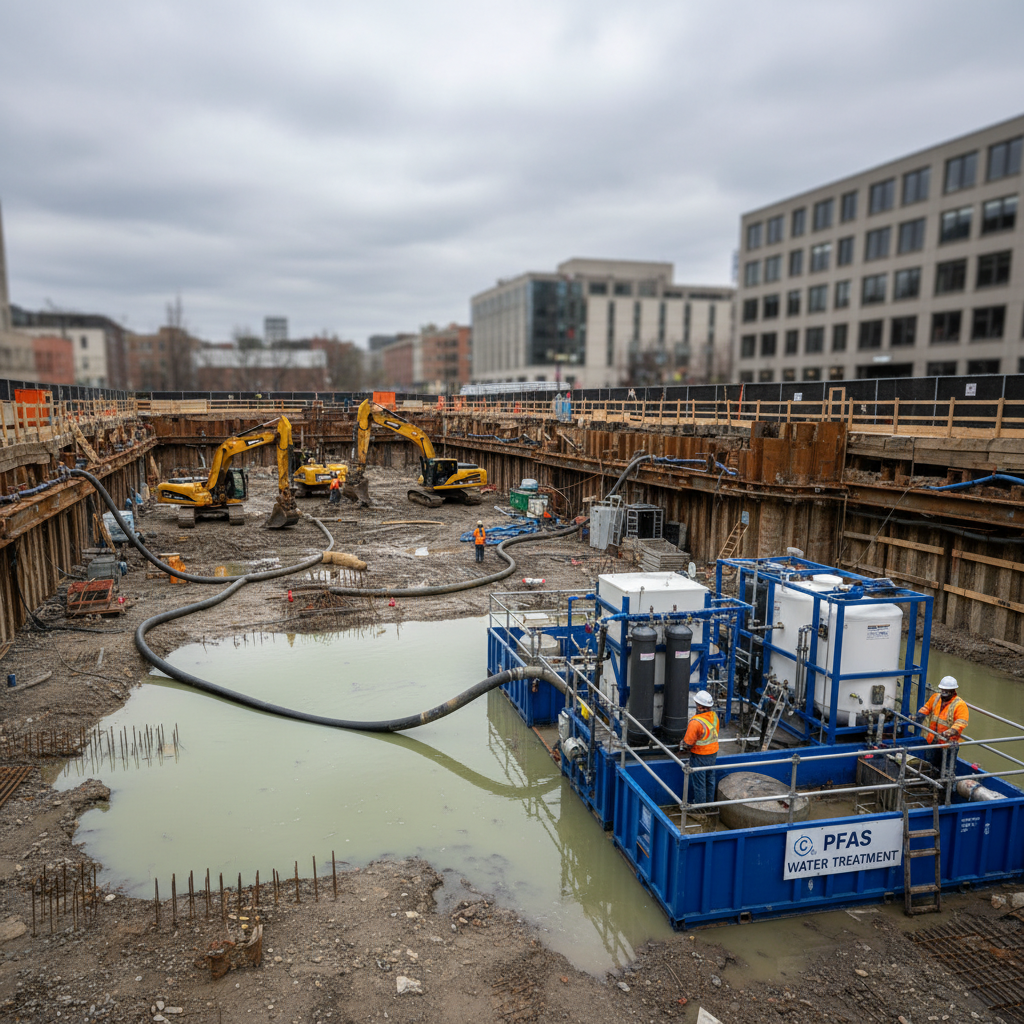 Construction excavation with pumps moving site water into a temporary PFAS treatment system