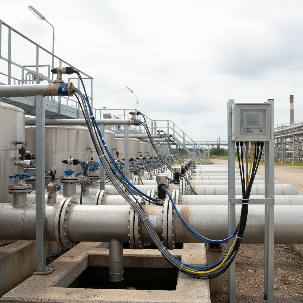 Outdoor industrial setup with water quality monitoring sensors and control panel