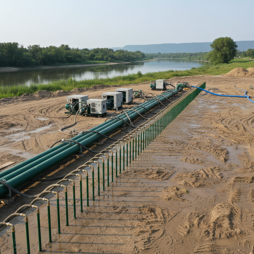 Wellpoint dewatering system with header pipes and hoses managing groundwater near a water body