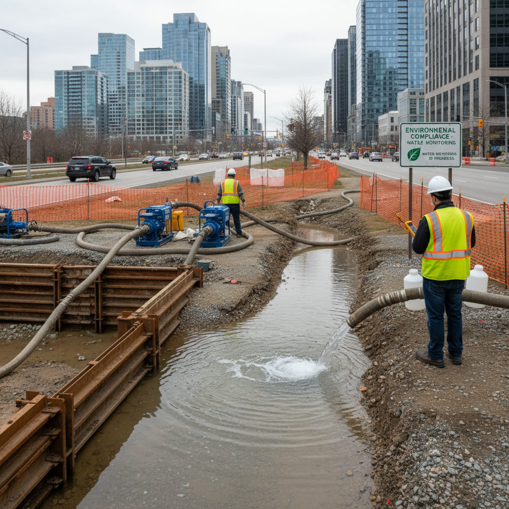 Construction dewatering site with pumps and hoses discharging clear water for water quality monitoring compliance