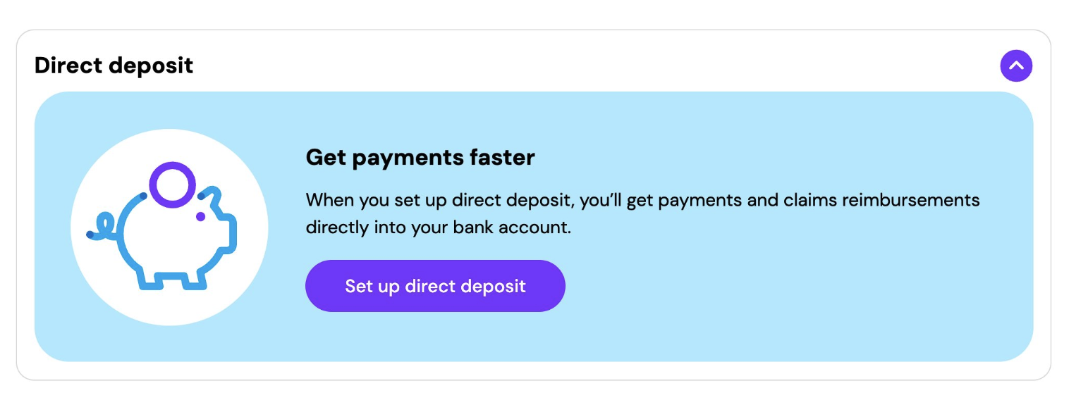 Screenshot of high fidelity wireframe showing the direct deposit call to action tile before the test