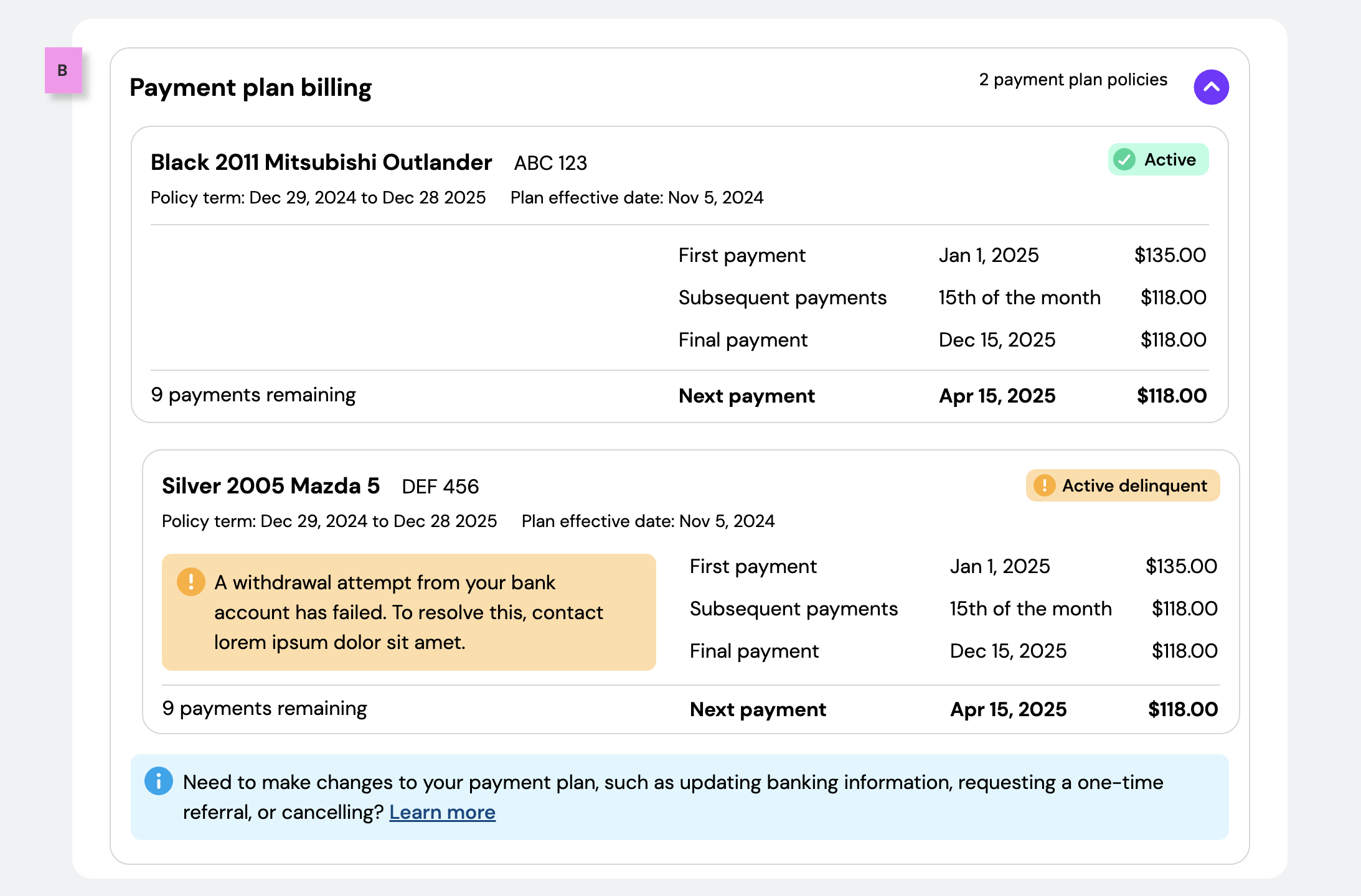 Screenshot of high fidelity wireframe exploring layout B for payment plan (chosen one)