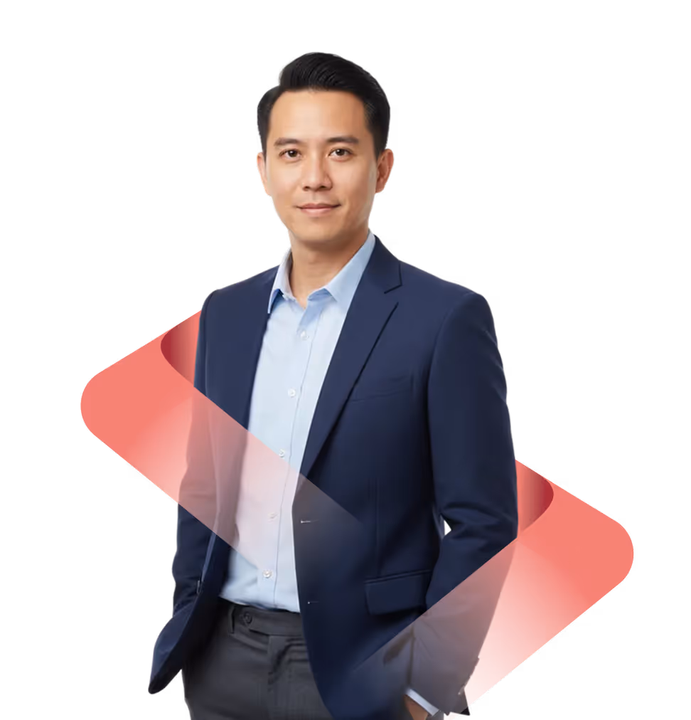 Confident man in a blue suit jacket and light blue shirt standing with hands in pockets against a transparent background with a red gradient ribbon graphic.